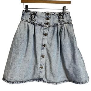 Vintage Acid Wash Pleated Jean Mini Skirt Button Front Bow Detail Size 11/12